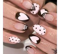 24 Faux Ongles Sûrs Forme Ronde Cœur Scintillant Et Finition Mate Pour Une Application Facile Courts Et Ronds Nœuds En Forme De Cœur D'amour