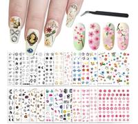 24 Feuilles Autocollants Ongles Nail Art pour Femmes Filles Enfants Décoration Auto-Adhésif DIY Nail Design Summer Nail Stickers Tatouages 1000+ Pièces avec 1 Pince à Épiler