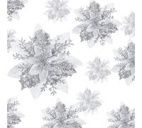 24 Fleurs de Poinsettia de Noël Artificielles à Paillettes Poinsettias Scintillants de Mariage Décoration de Fleurs de Sapin de Noël avec Clips, 15 cm, 10 cm, 8 cm (Argent)