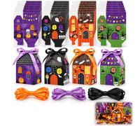24 Halloween Geschenkschachteln aus Papierboard, Mini Candy Boxen im Schloss-Design, Party Mitgebsel Boxen für Süßigkeiten, Kekse, Snacks und kleine Geschenke, inkl. Bändchen, 4 Motive