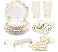 24 Invités Assiette Jetable Blanche et Or Assiette Carton Blanc Serviettes Gobelet Paille Carton Nappe pour Douche Nuptiale Fiançailles Fête Anniversaire Noël Point D‘Or Vaisselle Jetable Blanche