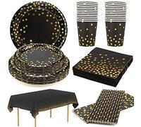 24 Invités Assiette Jetable Noire et Or Assiette Carton Noir Serviettes Gobelet Paille Nappe 18e 50e 70e Anniversaire Halloween Fête Cocktail Années 1920 Point D‘Or Vaisselle Jetable Noire