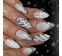 24 Nails De Presse Scintillants Pour Le Coffret Argent De Noël Ice French Tip Design Winter Party Artificial Hoofs Application Rapide Party False Hoofs