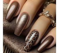 24 nouvelles fausses ongles longues de style ballet européen-américain, mode girly, affichage blanc, caramel, paillettes fines, imprimé léopard, couverture complète, brillant, ongles de vacances, ongl