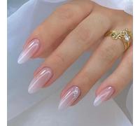 24 Ongles Press On Effet Gel Forme Amande - French Nude Brillant - Faux Ongles Autocollants - Artificiels Réutilisables pour Femme, Vernis à Ongles Semi-Permanent Salon