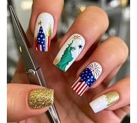 24 PCS 4 Juillet Couvertures Complètes Stick Sur Les Ongles Long Square Faux Nails Independence Day Press Sur Artificiel