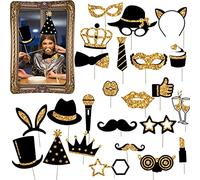 24 Pcs Accessoires de Photobooth,Cadre Photo Gonflable,Fotobox Accessoires Hochzeit Photomaton Accessoire Photobooth Accesoire Nouvelle an Convient kit photobooth (Or Noir)