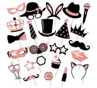 24 Pcs Accessoires de Photomaton pour Fête Anniversaire Mariage Bal Disco Mardi Gras | Mélange de Chapeaux Rouge à Lèvres Cravate Couronnes (Rose Doré)