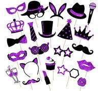 24 Pcs Accessoires de Photomaton pour Fête Anniversaire Mariage Bal Disco Mardi Gras | Mélange de Chapeaux Rouge à Lèvres Cravate Couronnes (Noir et Violet)
