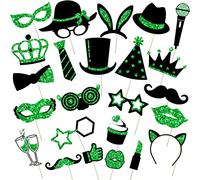 24 Pcs Accessoires de Photomaton pour Fête Anniversaire Mariage Bal Disco Mardi Gras | Mélange de Chapeaux Rouge à Lèvres Cravate Couronnes (Vert et Noir)