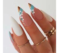 24 PCS Amande Faux Ongles Fleur Faux Ongles Strass Faux Ongles Rose-Blanc avec Bleu Faux Ongles Couverture Complète Stick on Nails Art pour Femmes et Filles Décoration Quotidienne