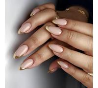 24 PCS AMANDE FORME FAUX Nails Gold French Tip Full Couvertures Artificielles Stick Sur La Presse Réutilisable Sur