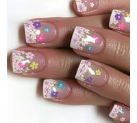 24 Pcs Beaux Ongles Artificiels Mediums Square Full Covers Faux Stick Brillant Sur Les Fleurs Appuyez Sur