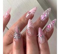 24 PCS Bowknot Nails Artificial Nails French Tip Press On Glossy False Amder Shape Stick On Party