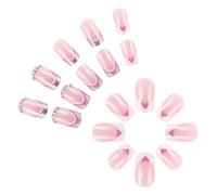 24 Pcs Coeur Acrylique Ongles De La Saint-Valentin Faux False French Tip Stick On Ringestones Pressez-vous Pour Des Vacances