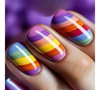 24 Pcs Couvertures Complètes Brillantes Bâtons Sur Les Ongles Moyens Carrés Faux Ongles Rayures Appuyez Sur L'arc-en-ciel Artificiel