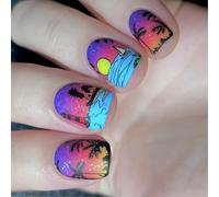 24 Pcs Couvertures Complètes Brillantes Fausses Ongles Courts Courts Pressés Sur La Cocotier Bâton Sur Le Coucher Du Soleil Acrylique