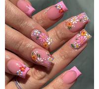 24 Pcs Couvertures Complètes Sur Brillants Faux Ongles Courts Carrés Press Les Fleurs Sucrées Bâton La Pointe Française Acrylique