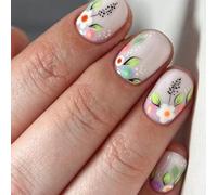 24 Pcs Couvertures Complètes Sur Les Clous De Faux Ongles Courts De La Presse Carrée Sur Des Ongles Belles Fleurs Bâton Les Feuilles Acrylique