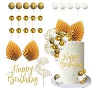 24 PCS Décorations de Gâteau Boules, Decoration Gateau Anniversaire Blanc Or, Boho Cake Topper, Gâteau Topper Feuilles de Palmier, pour Soirées à Thème, Mariages, Anniversaires (A)