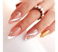24 PCS Faux Ongles de Longueur Moyenne Amande Faux Ongles Rose et Blanc Faux Ongles Étoile Faux Ongles Tourbillon Faux Ongles Ligne Faux Ongles Donner aux Femmes Filles Cadeaux de Vacances