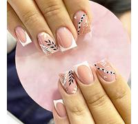 24 PCS Faux ongles français Faux ongles carrés Faux ongles pailletés Faux ongles roses et blancs Faux ongles en forme de feuille Designs Art décoratif quotidien pour femmes et filles