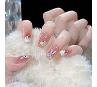 24 PCS Faux ongles français Faux ongles de longueur moyenne Faux ongles roses et blancs Faux ongles en forme de lapin Faux ongles pour les femmes et les filles