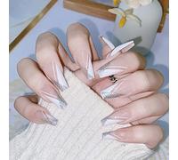 24 PCS Faux ongles longs Faux ongles français Faux ongles roses et blancs Faux ongles avec design brillant Faux ongles Art pour la décoration quotidienne des femmes et des filles