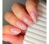 24 pcs Faux Ongles Simples Courts Ovales Couverture Complète Faux Ongles Bâton Brillant Sur Ongles Fleurs Douces Presser Sur Les Ongles