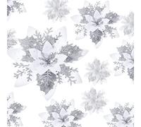 24 Pcs Fleurs de Poinsettia Artificielles à Paillettes de Noël Décorations de Fleurs Poinsettia Mariage Ornements de Sapin de Noël avec Clips, 6 Pouces, 4 Pouces, 3 Pouces (Argent et Blanc)