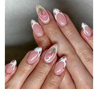 24 Pcs Fleurs Élégantes Fausses Ongles Français Pointes Artificielles Complexe Couvertures En Forme D'amande Press