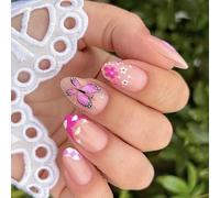 24 Pcs Fleurs Ongles Artificiels Presse De Pointe Française Sur Les Ongles Stick D'amande Court Sur Papillon Faux Pour La Fête