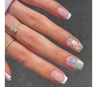 24 PCS Fleurs Stick On Nails French Tip Artificial Short Square Faux False Glossy Press On For Woman