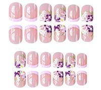 24 PCS Fleurs Stick On Nails French Tip Artificial Short Square Faux False Glossy Press On For Woman