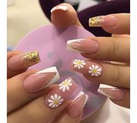 24 PCS Français V Forme Faux Ongles Fleurs Flamme Ligne Glitter Acrylique Appuyez sur les Ongles Artificiels pour Femmes Filles (E)