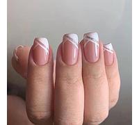 24 PCS Français V Forme Faux Ongles Fleurs Flamme Ligne Glitter Acrylique Appuyez sur les Ongles Artificiels pour Femmes Filles (G)