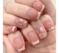 24 PCS French Tip Press On Nails Square Faux Falles Fleurs Acryliques Glossy Full Covers Stick On