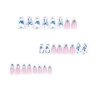 24 PCS French Tip Stick On Nails Bows False Short Amander Press Sur Blue Flowers Acrylique Artificiel