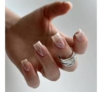 24 PCS French Tip Stick On Nails False False Square Press Sur Le Carré Sur Les Lignes Ondulées Blanches Artificielles