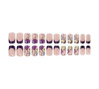 24 PCS French Tip Stick On Nails Festival Réutilisable False Mediums Square Press On Flower Artificiel