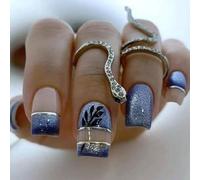 24 PCS GLITTIPER COUVERTES FALLES FAUX Nails Feuilles Stick On Nails Mediums Square Press Sur Blue Acrylique