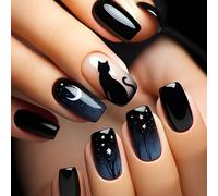 24 PCS Gradient Artificial Nails Moon And Star Full Covers Faux Nails Stick Glossy Sur Des Ongles Black Cats Appuyez Sur Des Ongles