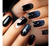 24 PCS Gradient Artificial Nails Moon And Star Full Covers Faux Nails Stick Glossy Sur Les Chats Noirs Appuyez Sur