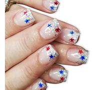 24 PCS Independence Day Faux Nails French Tip Acrylic 4 Juillet Les Couvertures Complètes Stick Sur Une Courte Presse
