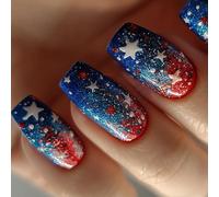 24 PCS Independence Day Faux Nails Star Artificial Star Full Covers Stick Sur Mediums Square Press On