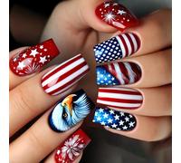 24 PCS Independence Day Faux Nails Star Star Artificial Nails Flags Couvertures Complètes Stick Sur Mediums Square Press On
