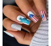 24 PCS Independence Day Stick On Nails Stripe Artificial Mediuim Square False 4 Juillet Presse Sur