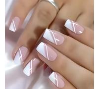 24 PCS Lignes Simples Coller Sur Les Ongles Pinks White Press On Nails Glossy Full Covers Faux Artificiels