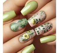24 Pcs Mediuim Carré Faux Ongles Fleurs Appuyez Sur Des Clous En Acrylique Vert Complexe Glossy Cowers