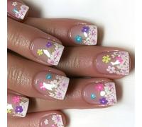 24 PCS Mediums Square Faux Nails Fleurs Colorées Appuyez Sur De Belles Couvertures Complètes En Acrylique Brillantes